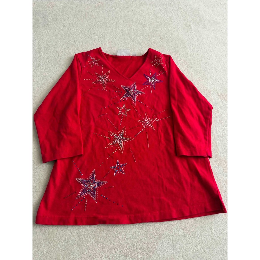 Quacker Factory Womens M Red Top Star Rhinestone Embellished V-Neck 3/4 Sleeve